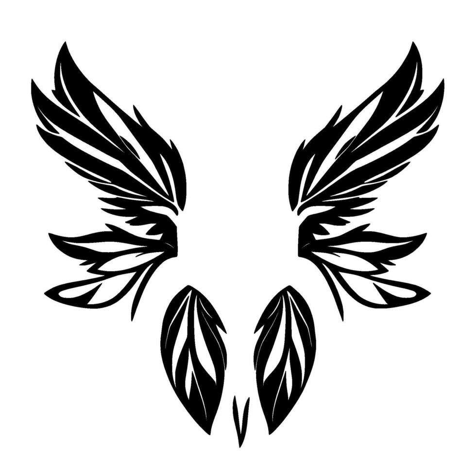 Black and White Illustration of a Stylized Winged Emblem with Feathery Details on a White Background, symmetrical . vector