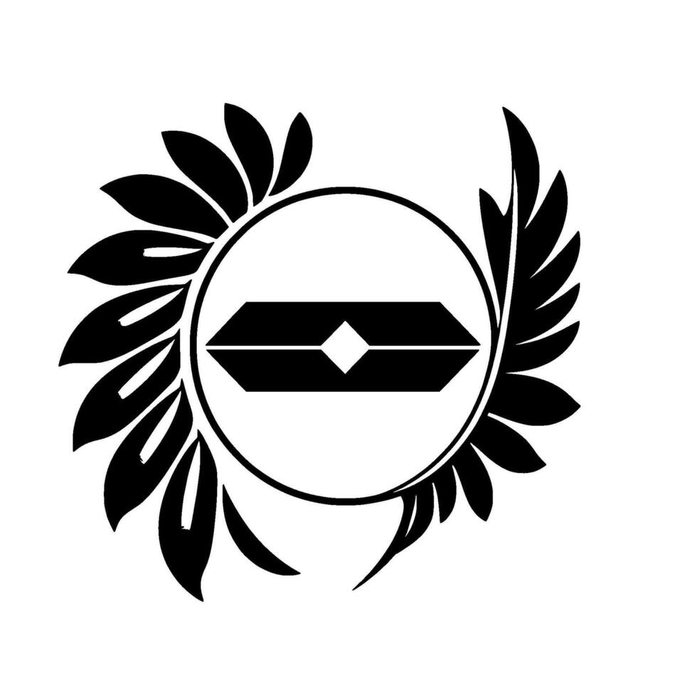 Symmetric Black and White Emblem Featuring Geometric Shape Enclosed by Floral Wreath on a White Background. vector