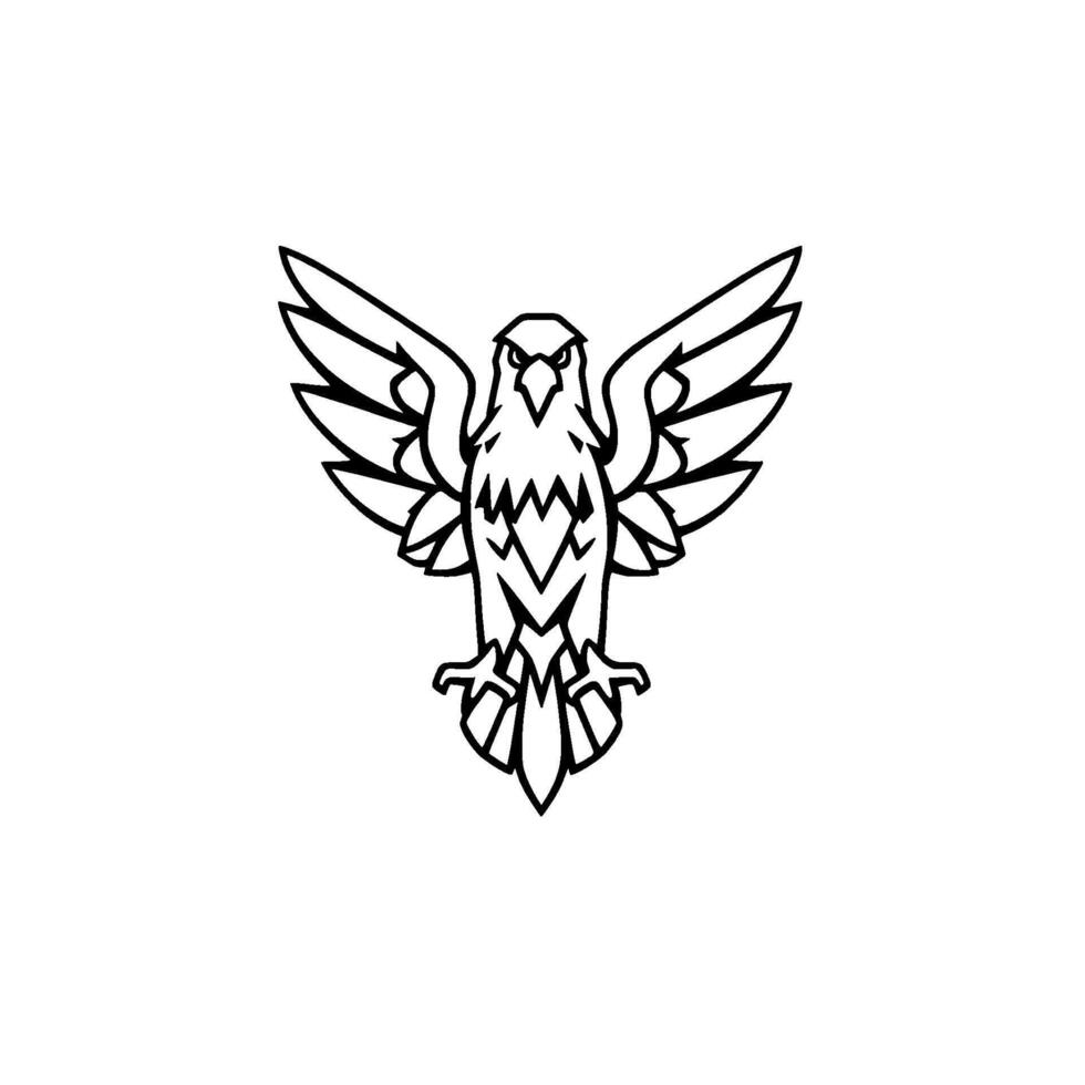 A symmetrical, stark black and white featuring a stylized eagle with spread wings, capturing a fierce and proud spirit. vector
