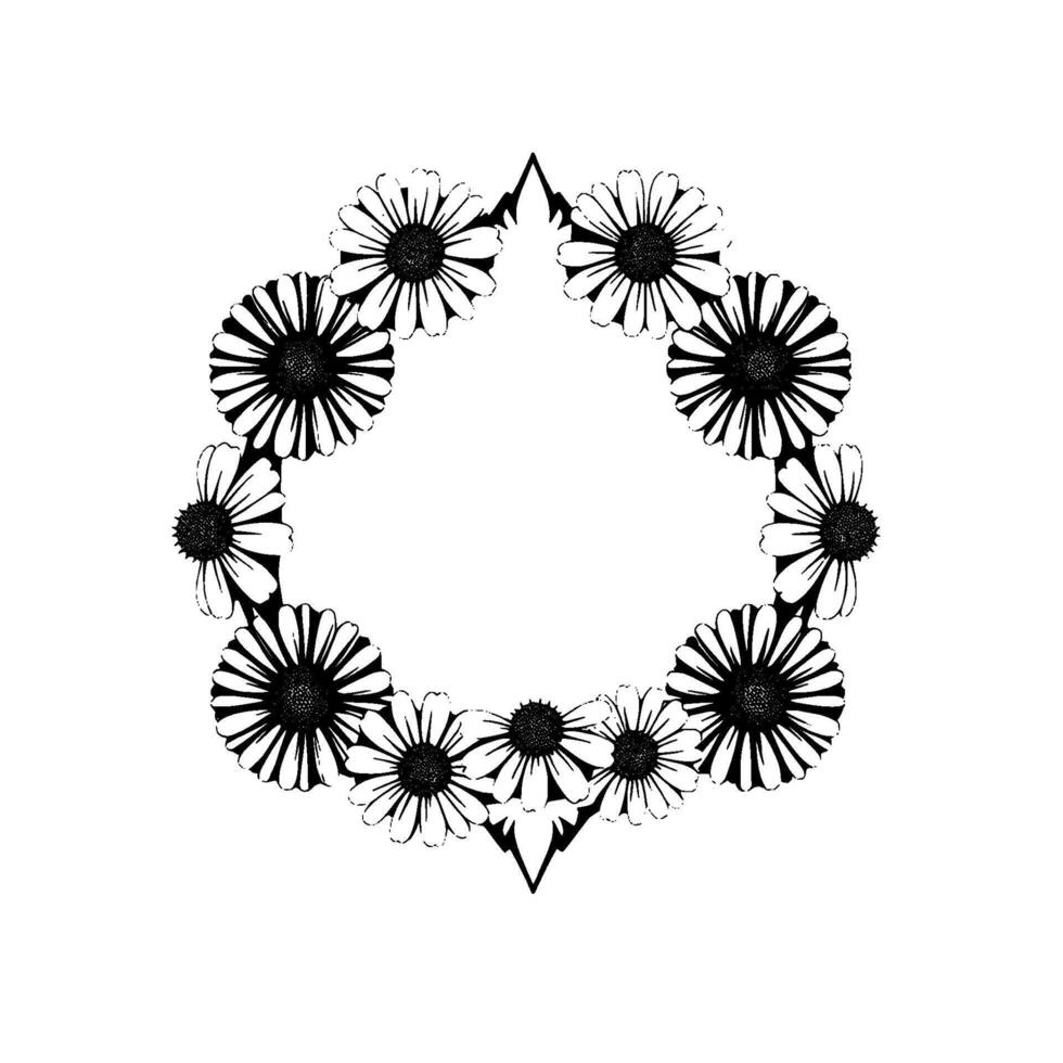 Monochrome Floral Wreath with Stylized Daisies and Mountain Apex , Isolated on White, Delicate and Elegant. vector