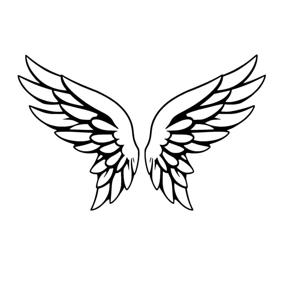 Symmetrical of Angelic Wings with Precise Black Outlines and Detailed Feathering on a Clean White Background. vector