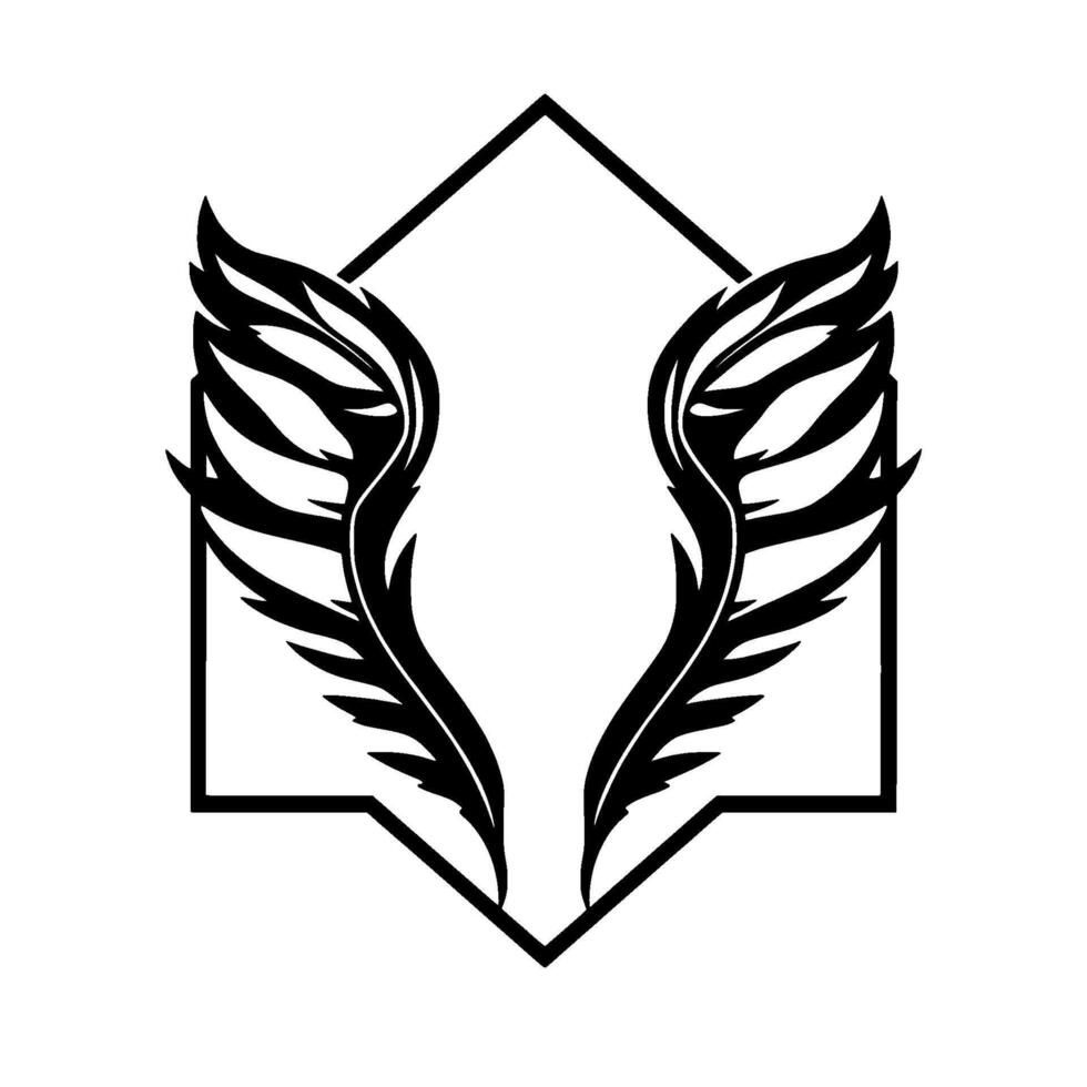Symmetrical Black Feathered Wing Within Geometric Frame on White, Minimalist Emblem, Symbolic Imagery. vector
