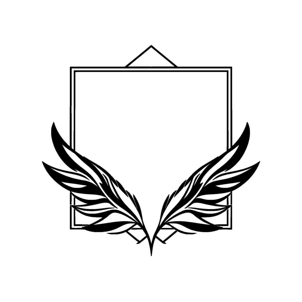 Black and white stylized emblem featuring feathered wings flanking a square frame with a small triangle. vector