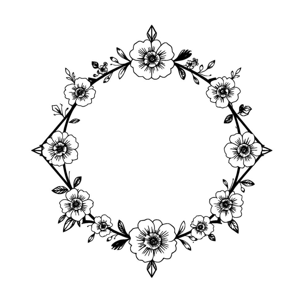 Elegant Geometric Floral Frame Intricate Black and White Line Art of Blossoms, Leaves, and Vines in a DiamondShaped Wreath. vector