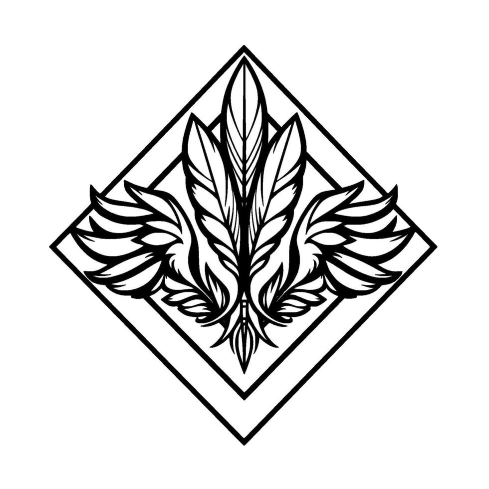 Black and white symmetric heraldic featuring feathers and wings within a diamond frame, evoking elegance and sophistication. vector