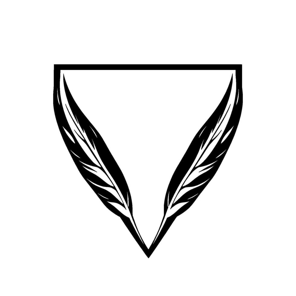 Artistic Illustration of Two Black Feathers Forming a Pointed Shape within a Triangular Frame on a White Background. vector