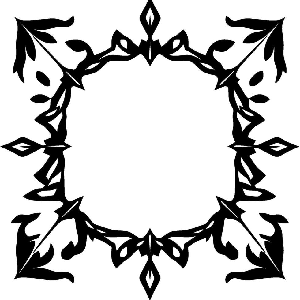 Elegant Black and White Decorative Ornamental Border with Leafy, Pointed Details and Square Composition on White Background. vector