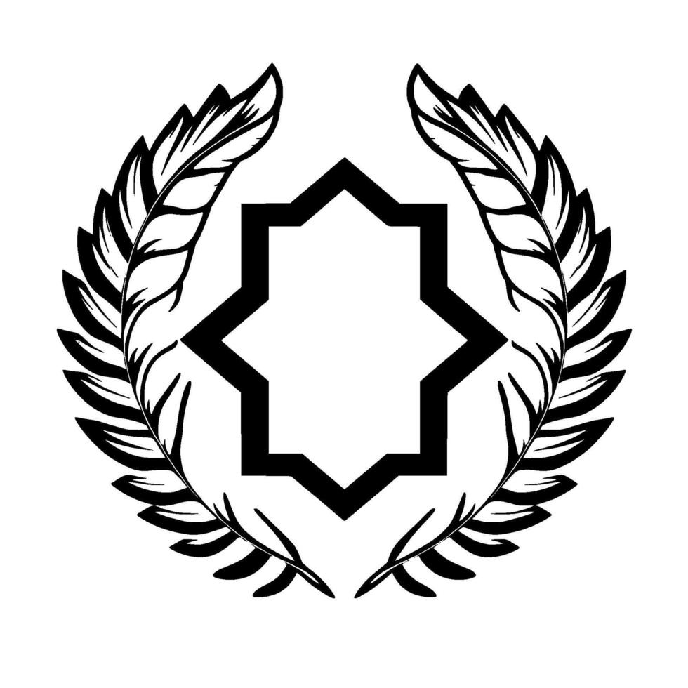 Black and white geometric emblem featuring a starlike shape within a laurel wreath composed of stylized feathers, minimalist . vector