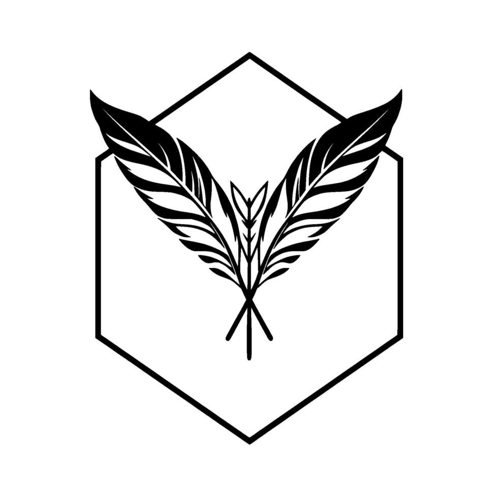 A bold black and white featuring stylized crossed feathers within a hexagon, evoking nature, elegance, and . vector