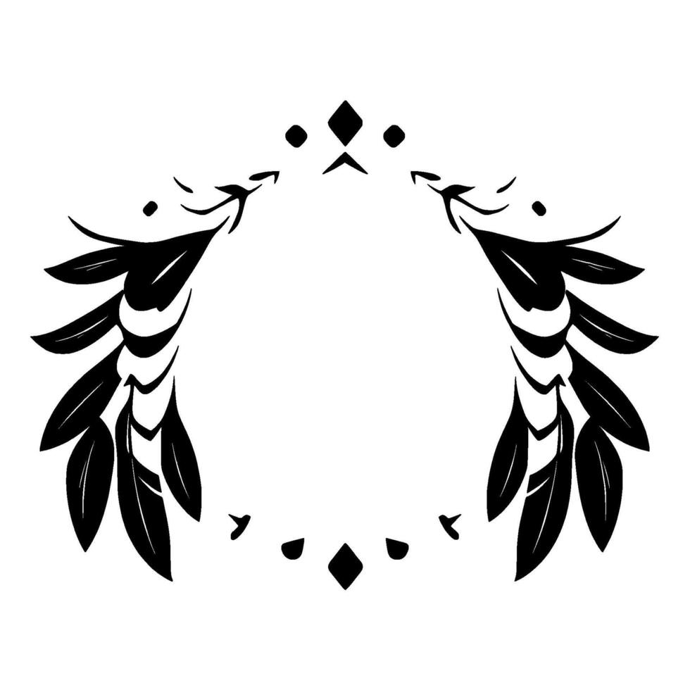 Symmetrical black and white stylized wreath with leaves and geometric elements, minimalist on white background. vector