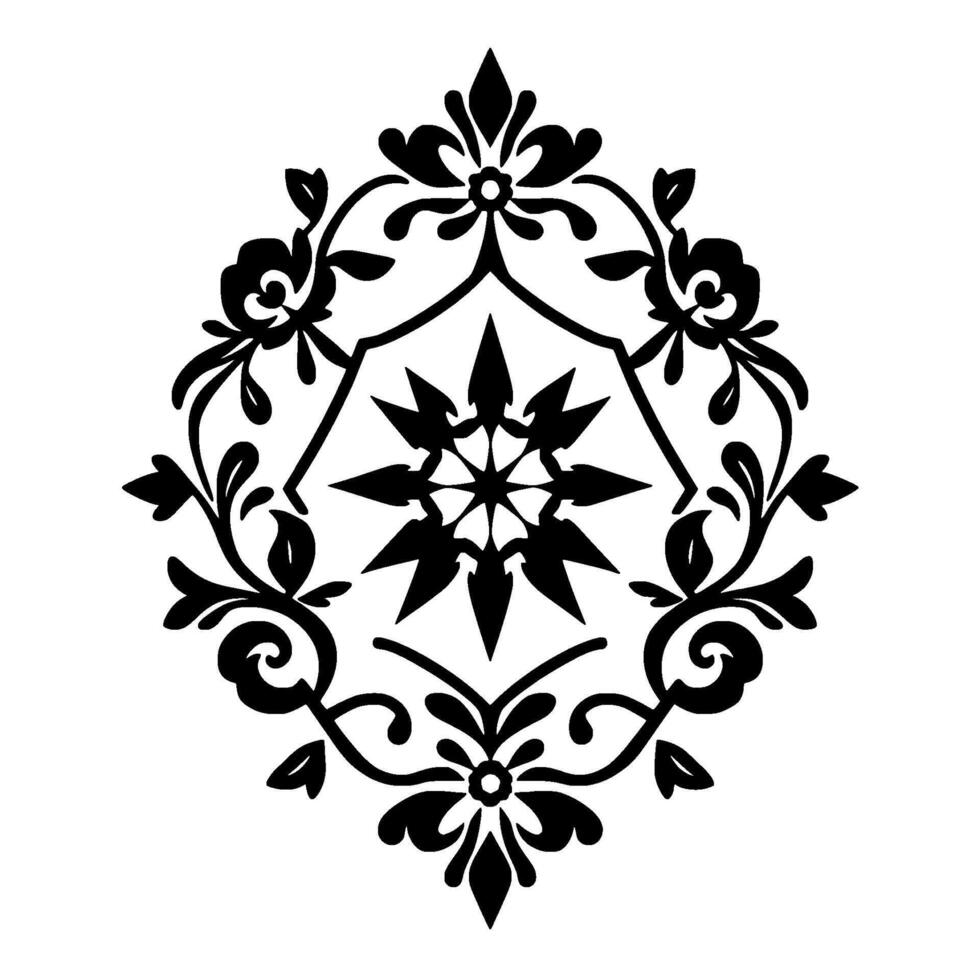 Symmetrical black floral on white background ornate pattern featuring stylized flowers, leaves, and an eightpointed star within an oval frame. vector