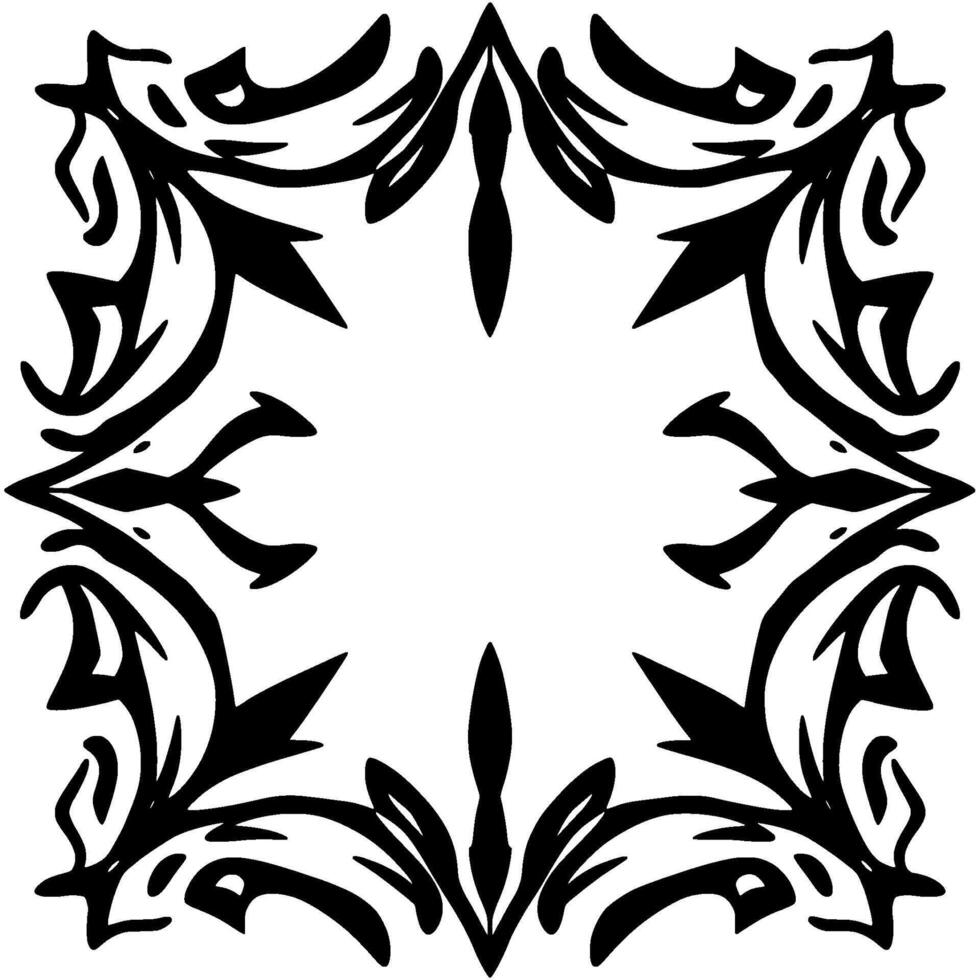 Symmetrical Black Floral Border , Repeating Leaf and Pointed Petal Motifs on a Square White Background. vector
