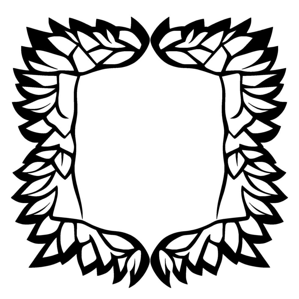 Black and white, symmetrical illustration of a square frame adorned with stylized leaves, creating a decorative border. vector