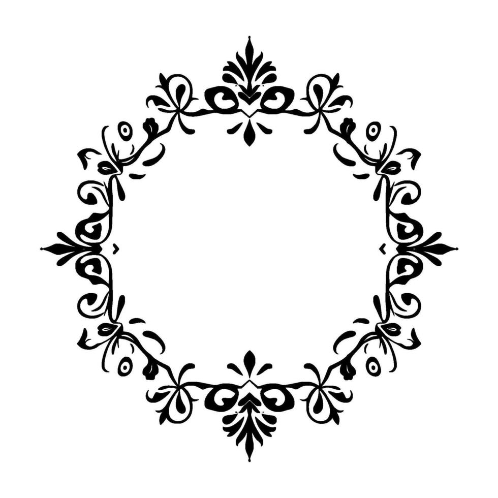 Elegant Black Ornate Floral Frame with symmetrical, swirling filigree, perfect for invitations, embellishments, and elements on a clean white background. vector