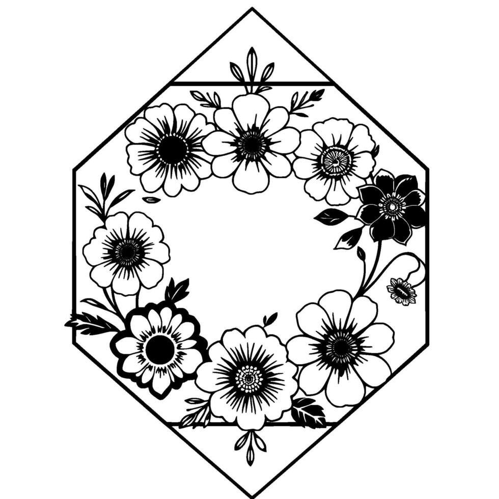 Floral geometric frame, black and white illustration of stylized flowers and leaves arranged within a diamond shape. vector