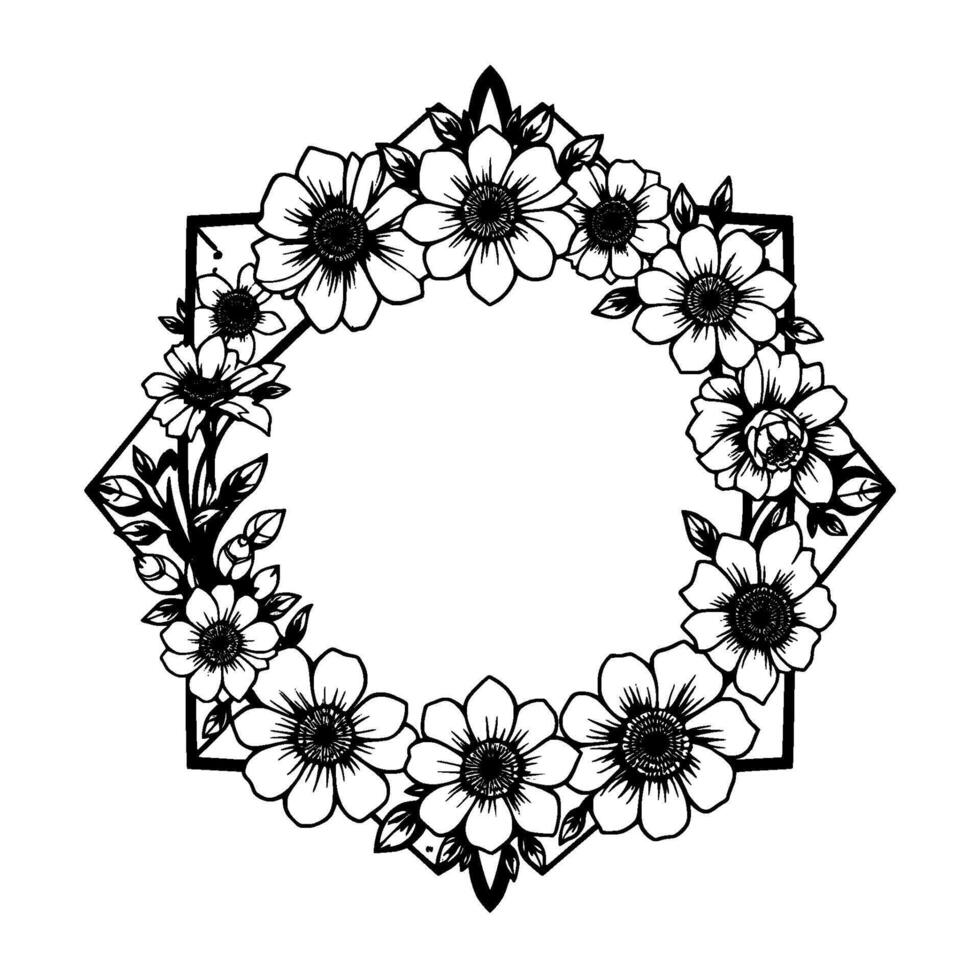 Intricate Black and White Floral Wreath a geometric frame encircling a ring of detailed blossoms, featuring leaves and delicate petals. vector