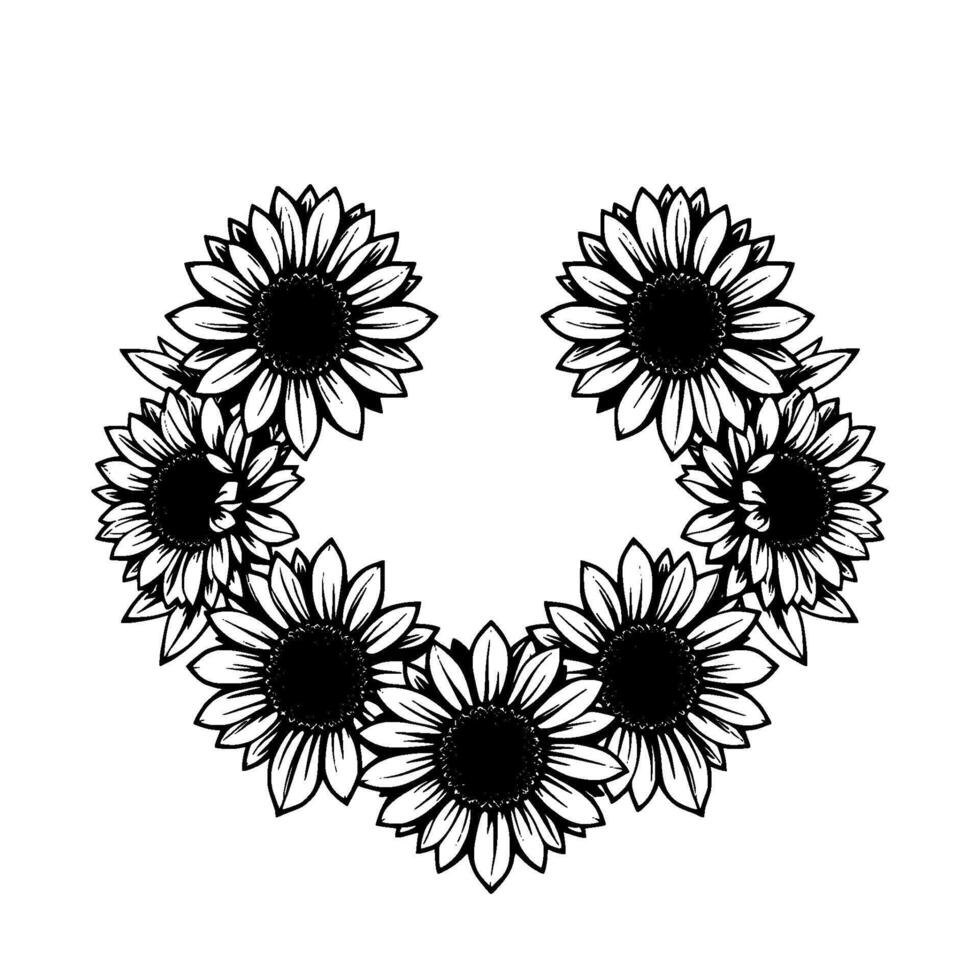 A symmetrical, black and white illustration of a halfcircle floral composed of outlined sunflowers on a white background. vector
