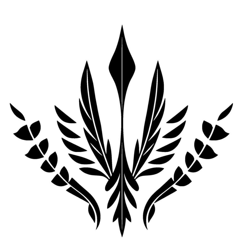 Symmetrical Black and White Floral Emblem with Spikes, Feathers, and Leafy Accents on a White Background. vector