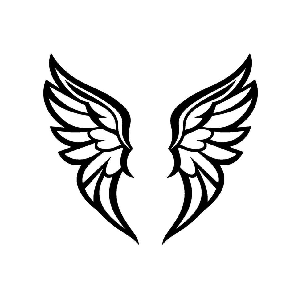 Symmetrical, Black and White Illustration of Angelic Wings, Isolated on White Background with Detailed Feather Outlines. vector
