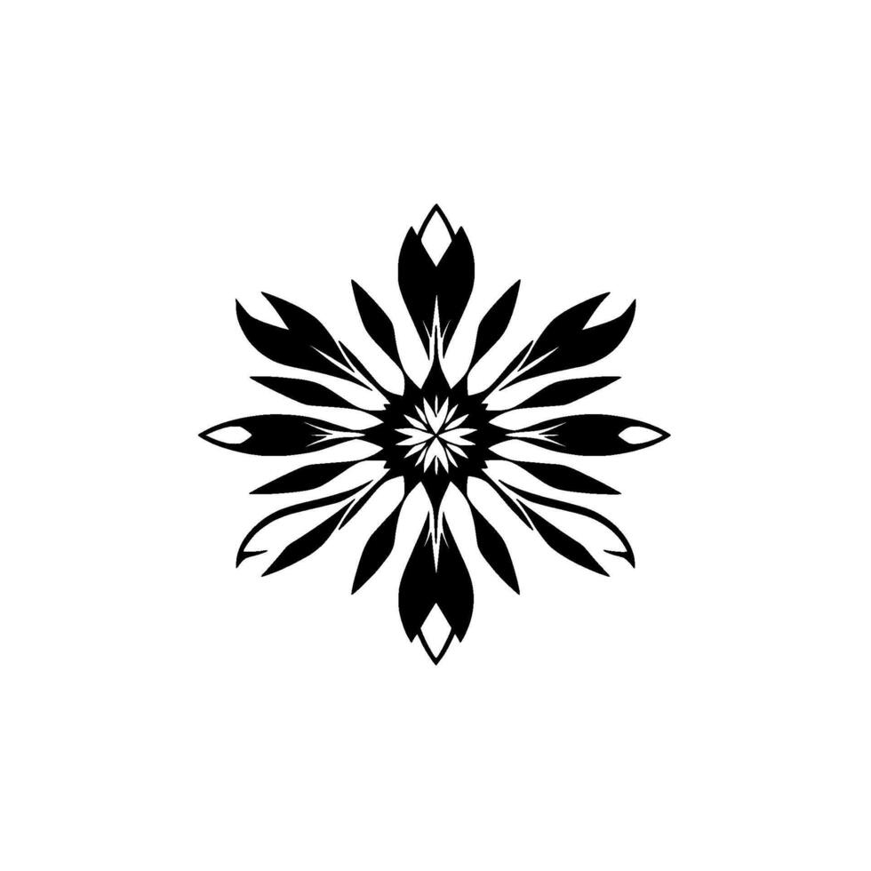 Symmetrical Black and White Floral Mandala with Intricate, Pointed Petals Radiating From a Central Star. vector
