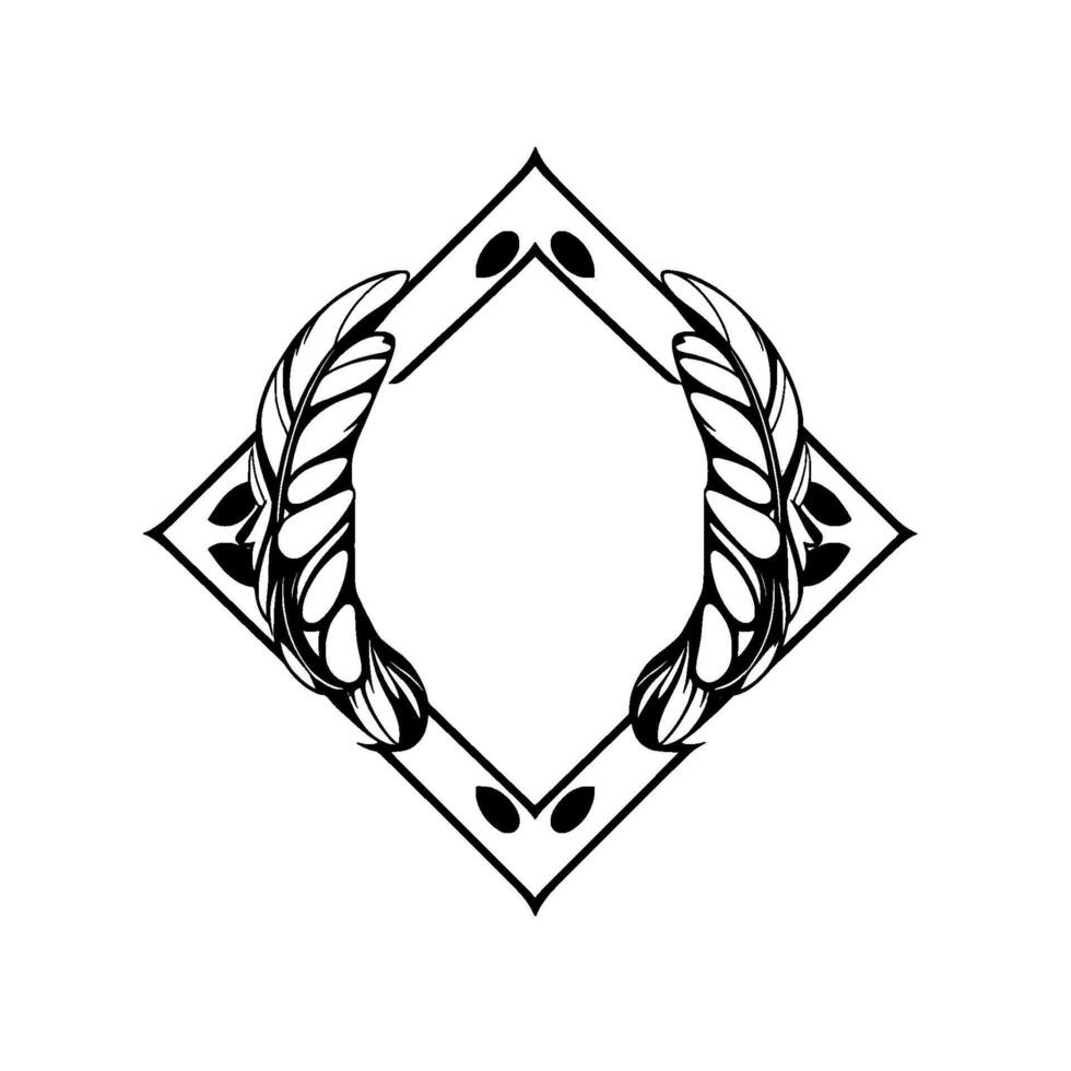 Black and White Ornamental Featuring Stylized Feathers Forming a DiamondFramed Empty Space, Clean, Minimalist Aesthetic. vector