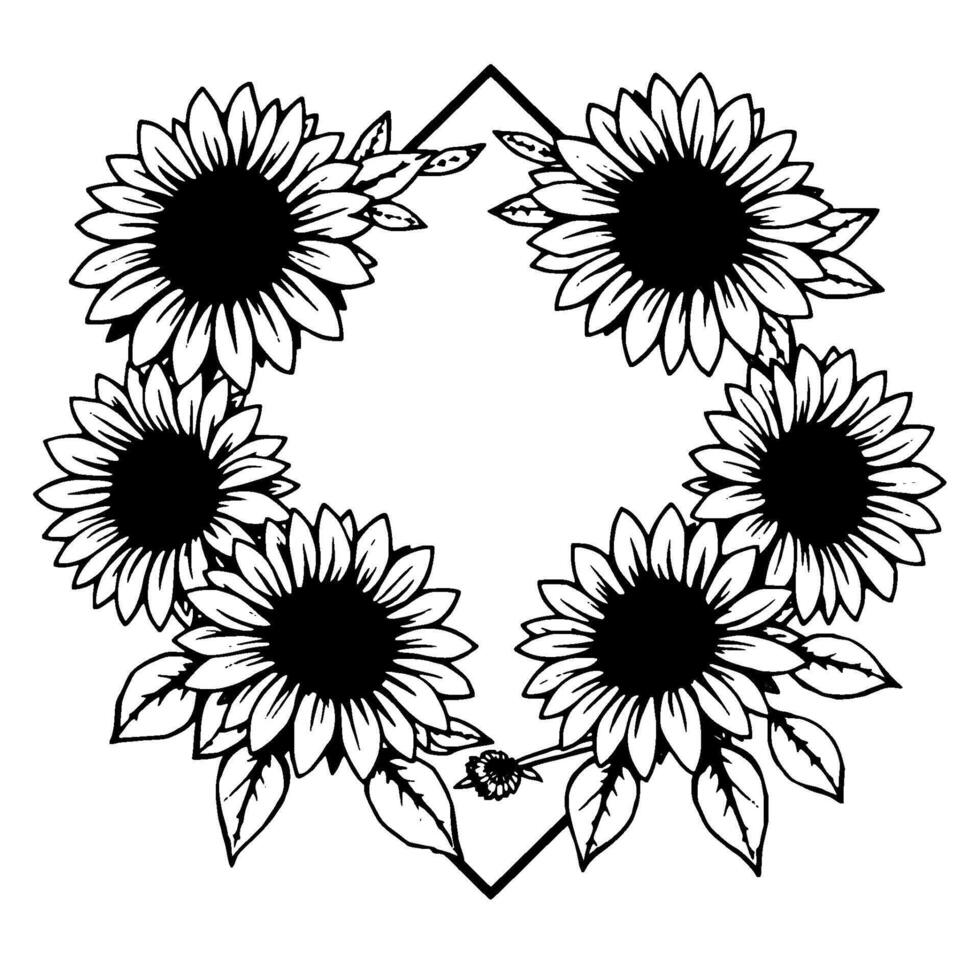 Intricate Black and White Floral Diamond Frame Composition Featuring Stylized Sunflowers, Leaves, and Delicate Details, Isolated on White. vector