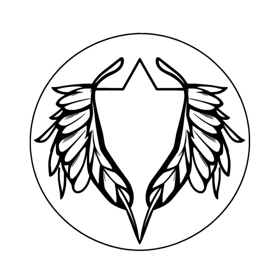 A monochrome symmetrical emblem featuring stylized angel wings and a sixpointed star within a circular frame, symbolizing protection and divine grace. vector