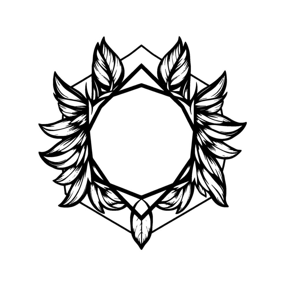 Intricate Black and White Circular Leaves Geometric Frame, a Detailed Botanical Border, Perfect for Decorative and Ornamental Purposes. vector