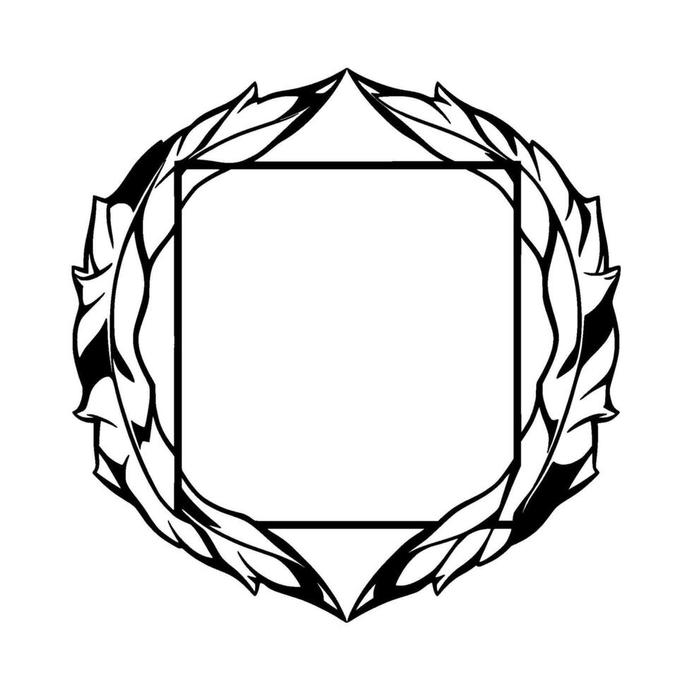 Circular Frame with Leafy Wreath and Inner Square, a symmetrical black and white decorative . vector