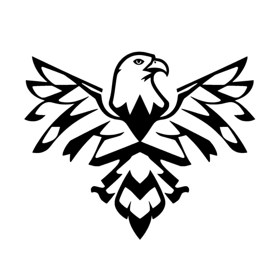 Bold Black and White TribalInspired Eagle Illustration, Majestic Wings and Head, Geometric on White Background. vector