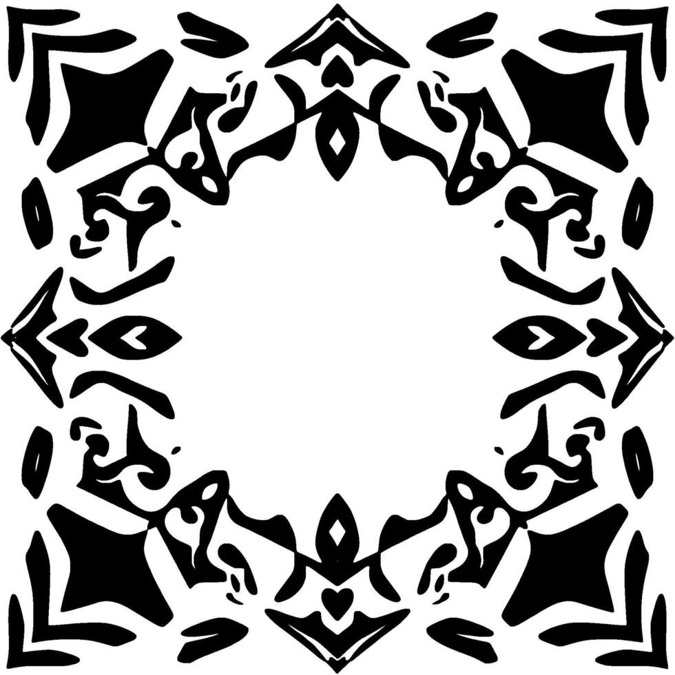 Symmetrical Black and White Ornamentation, a geometric pattern with stylized leaflike and floral shapes forming a decorative border. vector