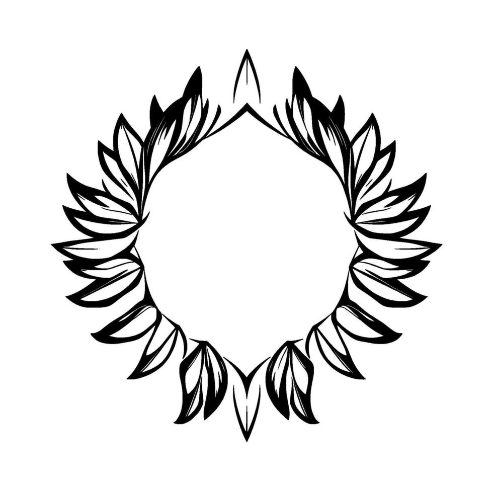 Symmetric Black and White Leaf Wreath, Artistic Circular Foliage Border, Delicate, Elegant, Geometric, Decorative . vector