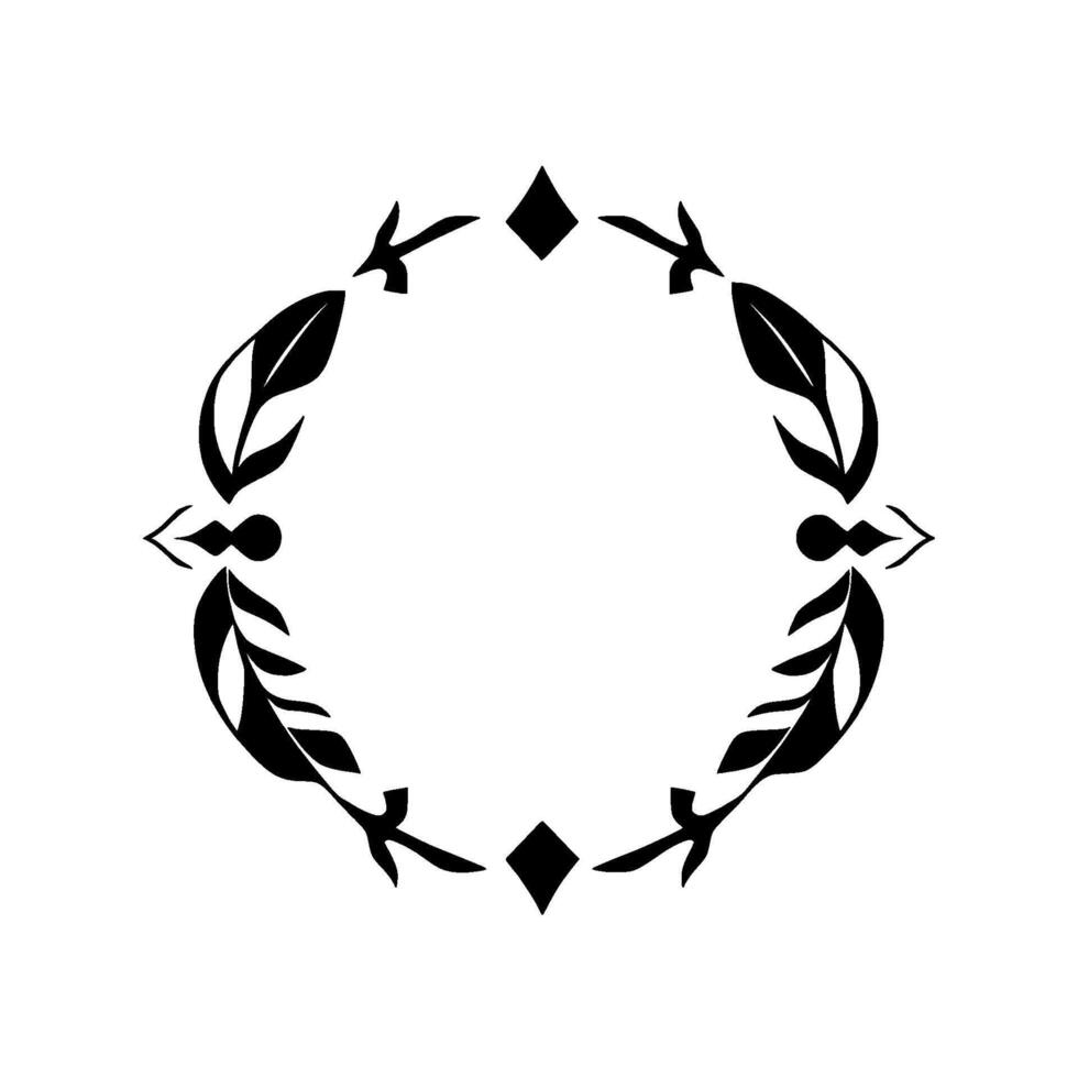 Black symmetrical, ornate, circular with stylized leaves, arrowheads, and diamonds on a white backdrop, creating an elegant ornamental frame. vector