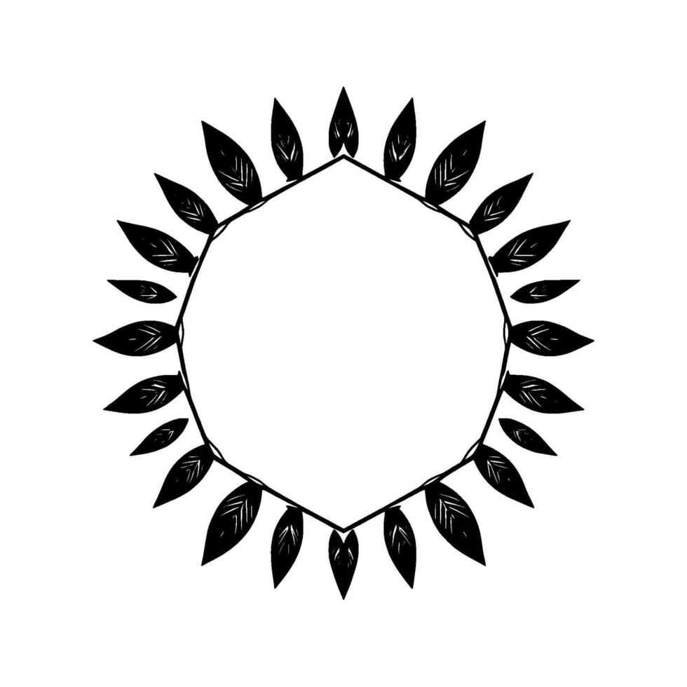 Black and White Leafy Hexagon Frame with Artistic Illustration on Clean White Background. vector