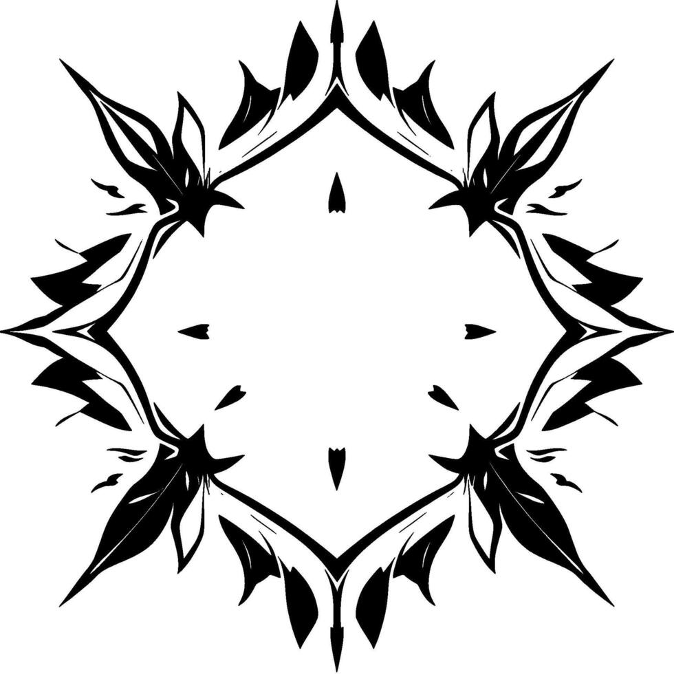 Symmetrical Black and White Ornament with Leafy Elements Forming a Diamond Shape on a White Background. vector