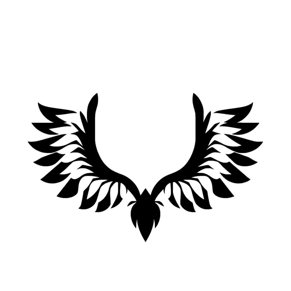 Symmetric Black Winged on White Elegant Silhouette Featuring Abstract Feathered Wings, Suitable for Logos or Elements. vector