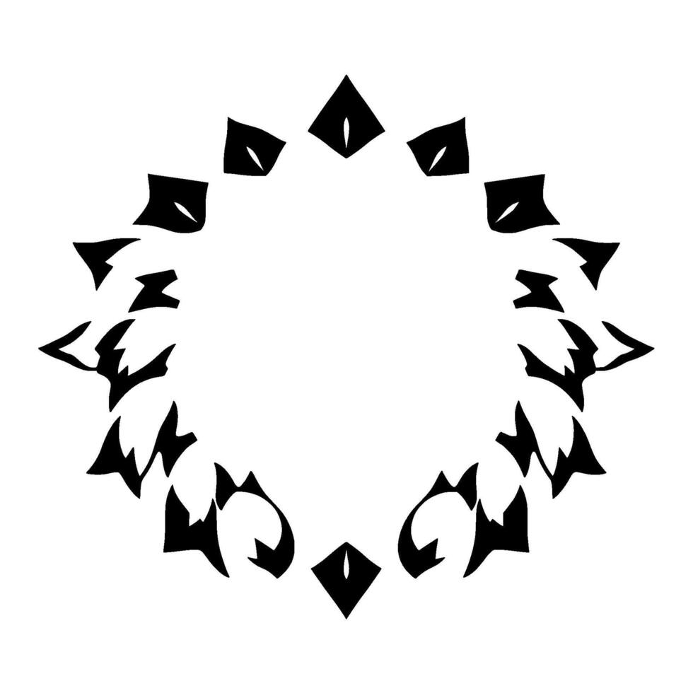 Circular abstract , comprised of symmetrical black shapes, resembling stylized eyes and arrowheads, creating an ornamental frame on white background. vector