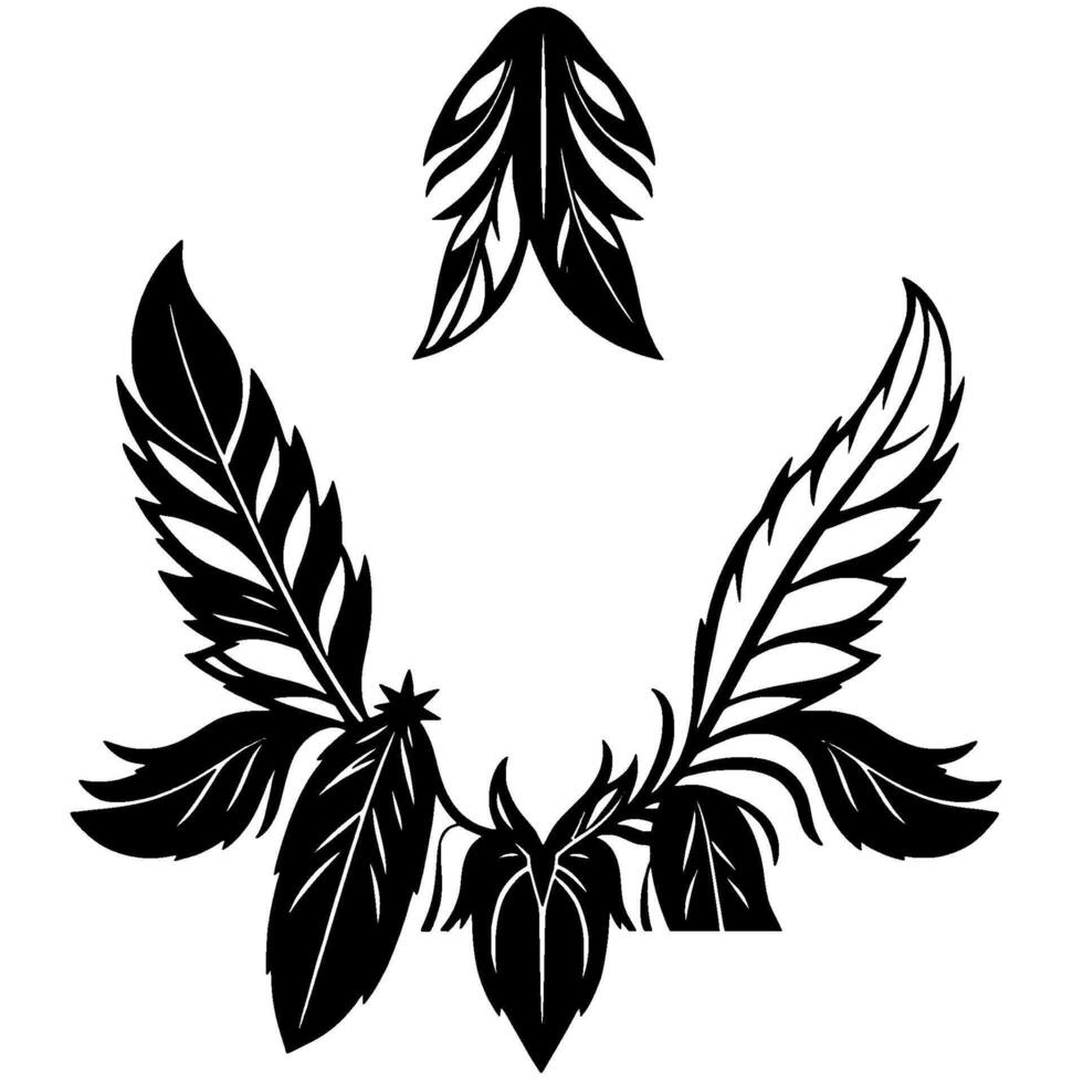 Elegant Black and White Feather Crest A symmetrical featuring stylized feathers and leaves, evoking natures grace. vector