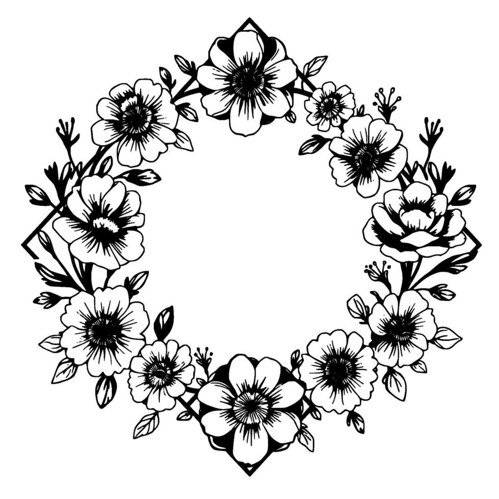 Elegant Black and White Floral Wreath Geometric Accents, Detailed Line Art, Botanical for Decoration, Invitation, or Use. vector