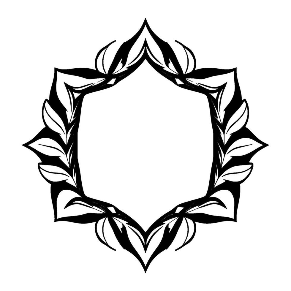 Elegant, Black and White Octagonal Floral Frame with Leafy Elements, Symmetrical on White Background. vector