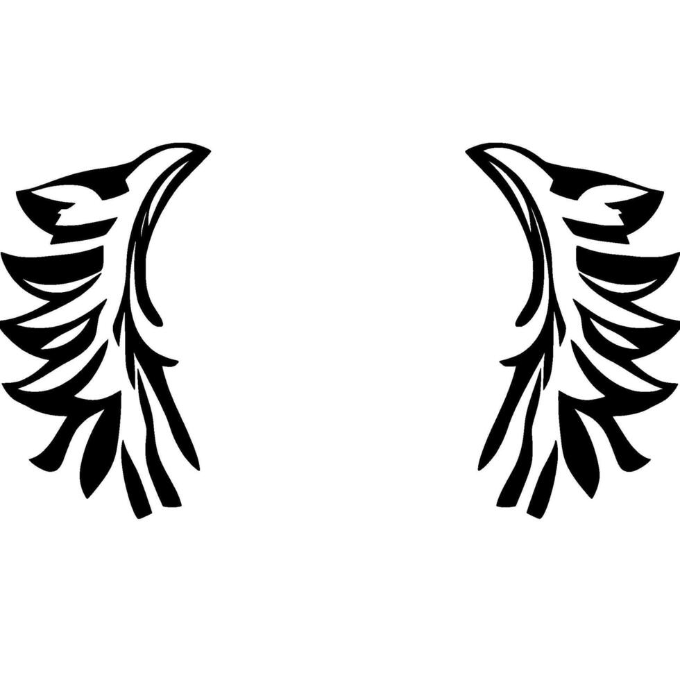 Symmetrical Black and White Illustration of Stylized Wings with Leaflike Feather Detailing on a Blank White Backdrop. vector