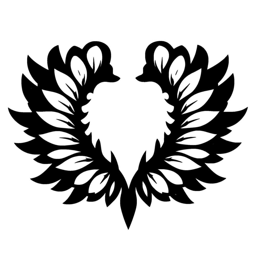 Symmetrical black and white illustration of a laurel wreath or stylized avian form, with leaf and featherlike elements. vector