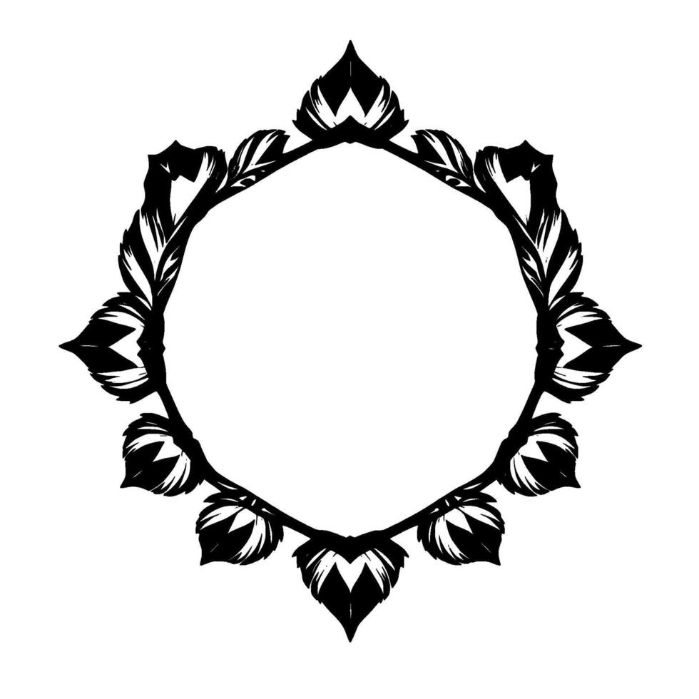Intricate Black White Circular Ornamental Floral Frame, Isolated on White, Decorative , FeatherLike Leaves. vector