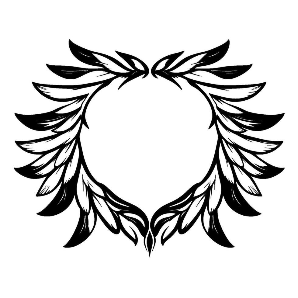 Symmetrical Black and White Illustration of a Stylized Leaf Wreath with a Blank, Circular Center, on a White Background. vector