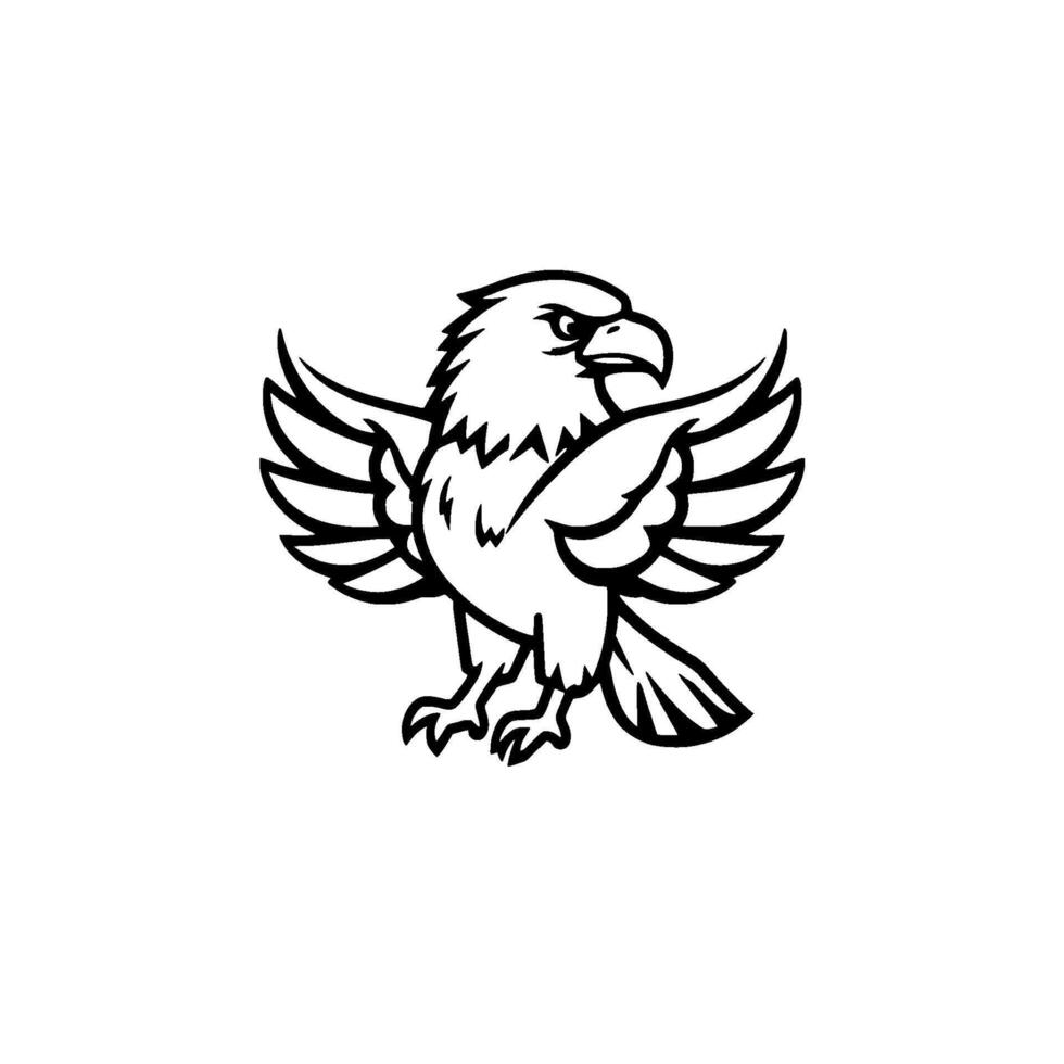 Bold Black and White Cartoon Illustration of an Eagle with Wings Spread, Confident, Standing Against a White Background. vector