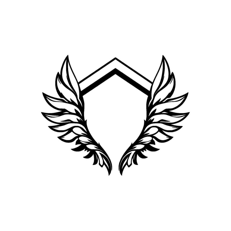 Elegant Monochrome Emblem Featuring Feathered Wings Embracing a Geometric Shield on a Clean White Background. vector
