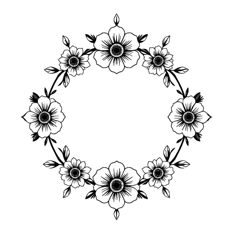 Intricate floral wreath illustration in black and white, featuring stylized blossoms, leaves, and stems arranged in a circular pattern with a minimalist aesthetic. vector