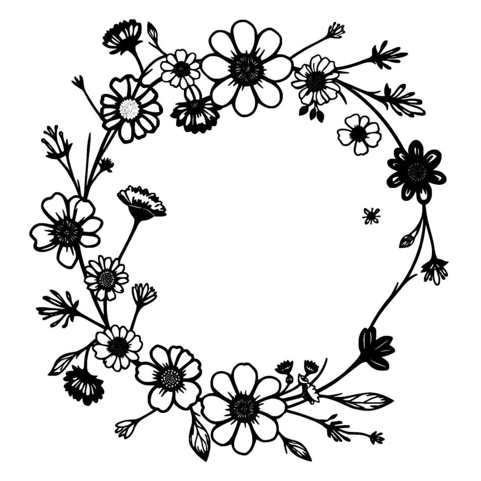 A Delicate Floral Wreath Illustration Black and White Line Art Composition of Various Flowers and Leaves Forming a Circular Border on a White Background. vector