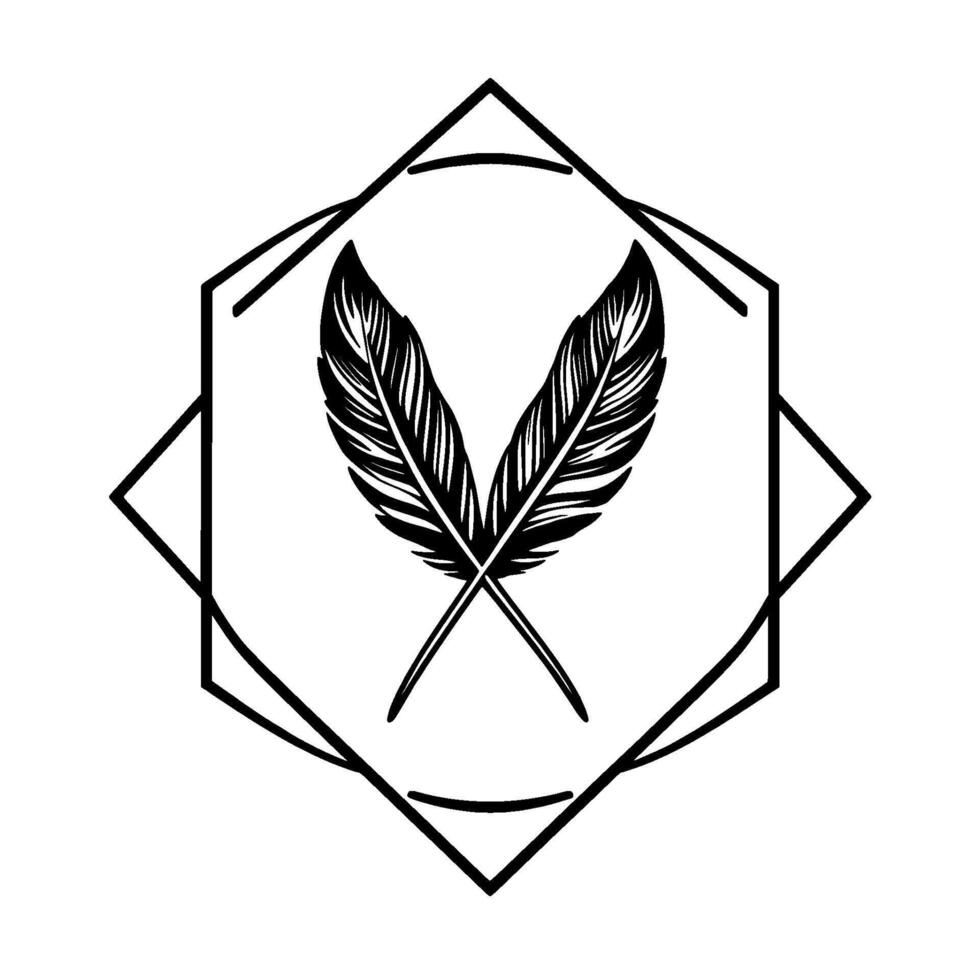 Geometric Monochrome Two Crossed Feathers within a Hexagon and Diamond Outline, Symbolic on White. vector