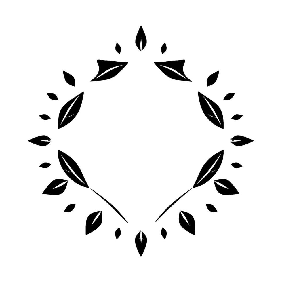 A stylized, black and white diamondshaped floral frame composed of elegant leaves and featherlike elements on a clean white background. vector